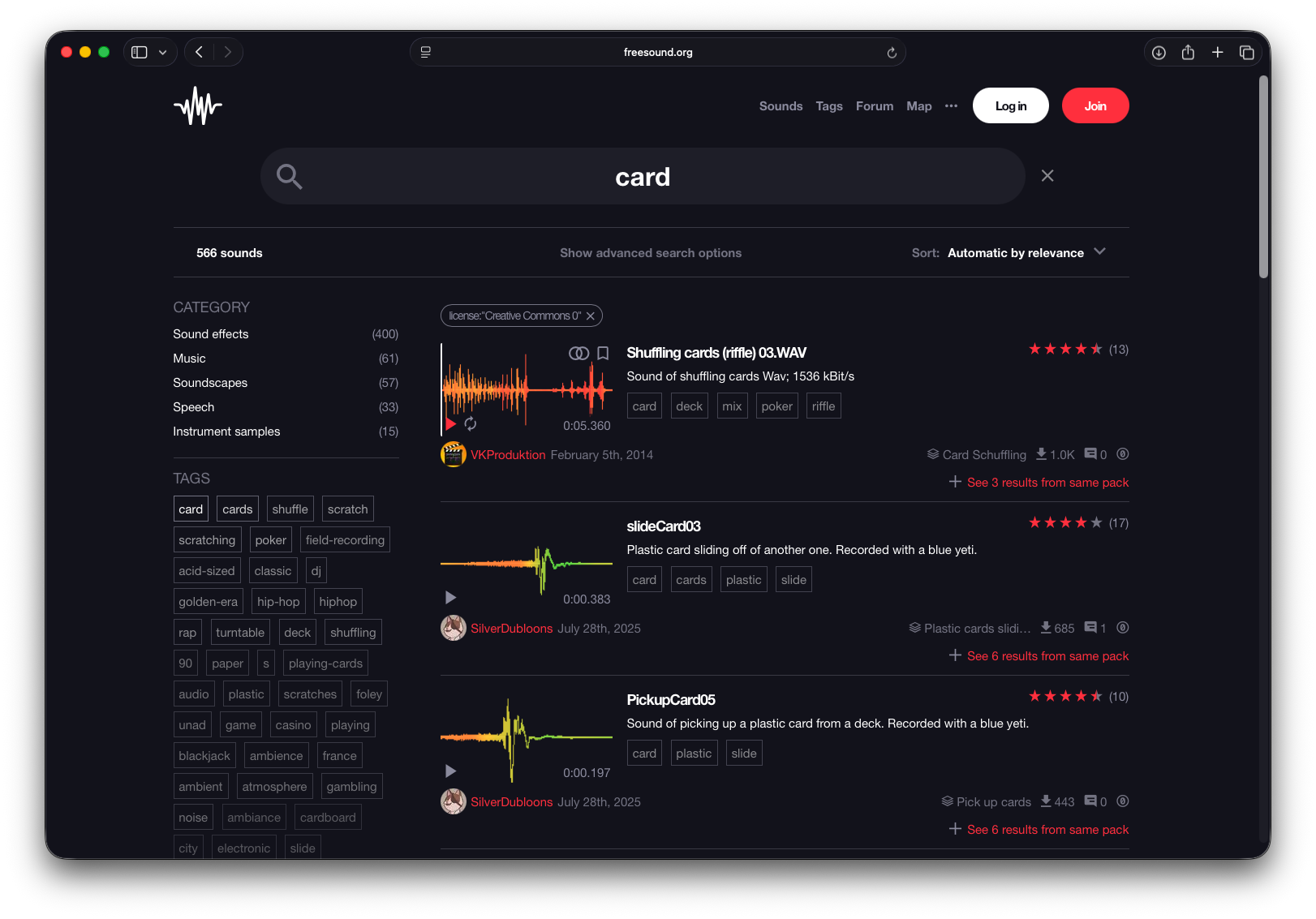 Freesound search results for card with the Creative Commons 0 license filter active and 566 sounds