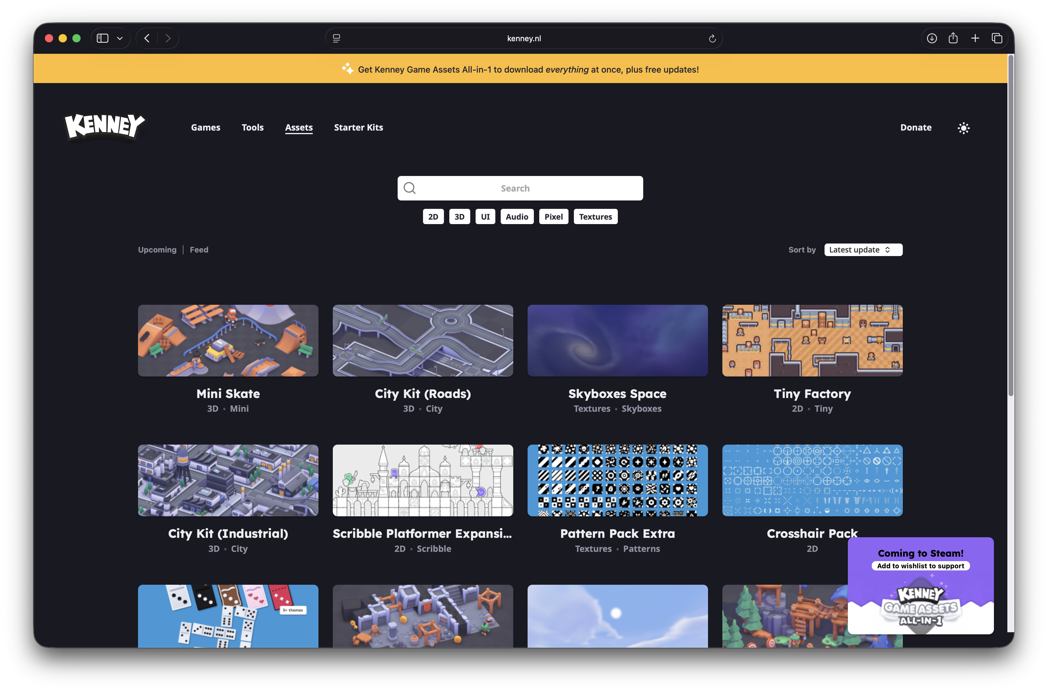 Kenney asset catalog showing game asset cards with the 2D, 3D, UI, audio, pixel, and texture categories
