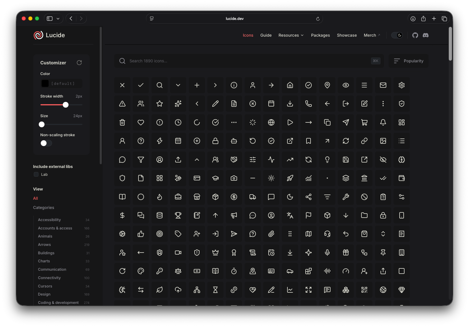 Lucide icon catalog search and grid of outline interface icons