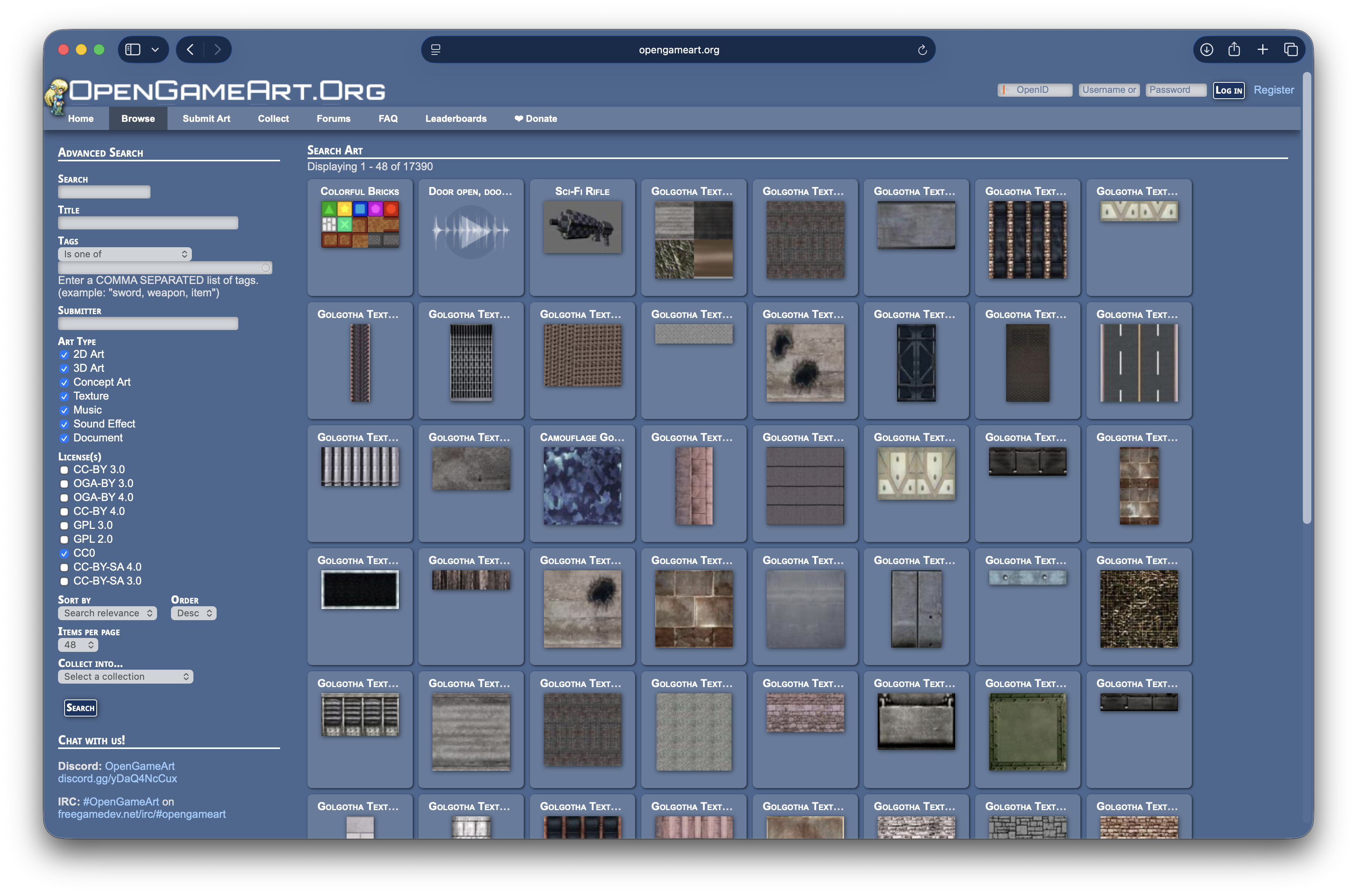 OpenGameArt advanced search page with the CC0 license filter selected and game art results