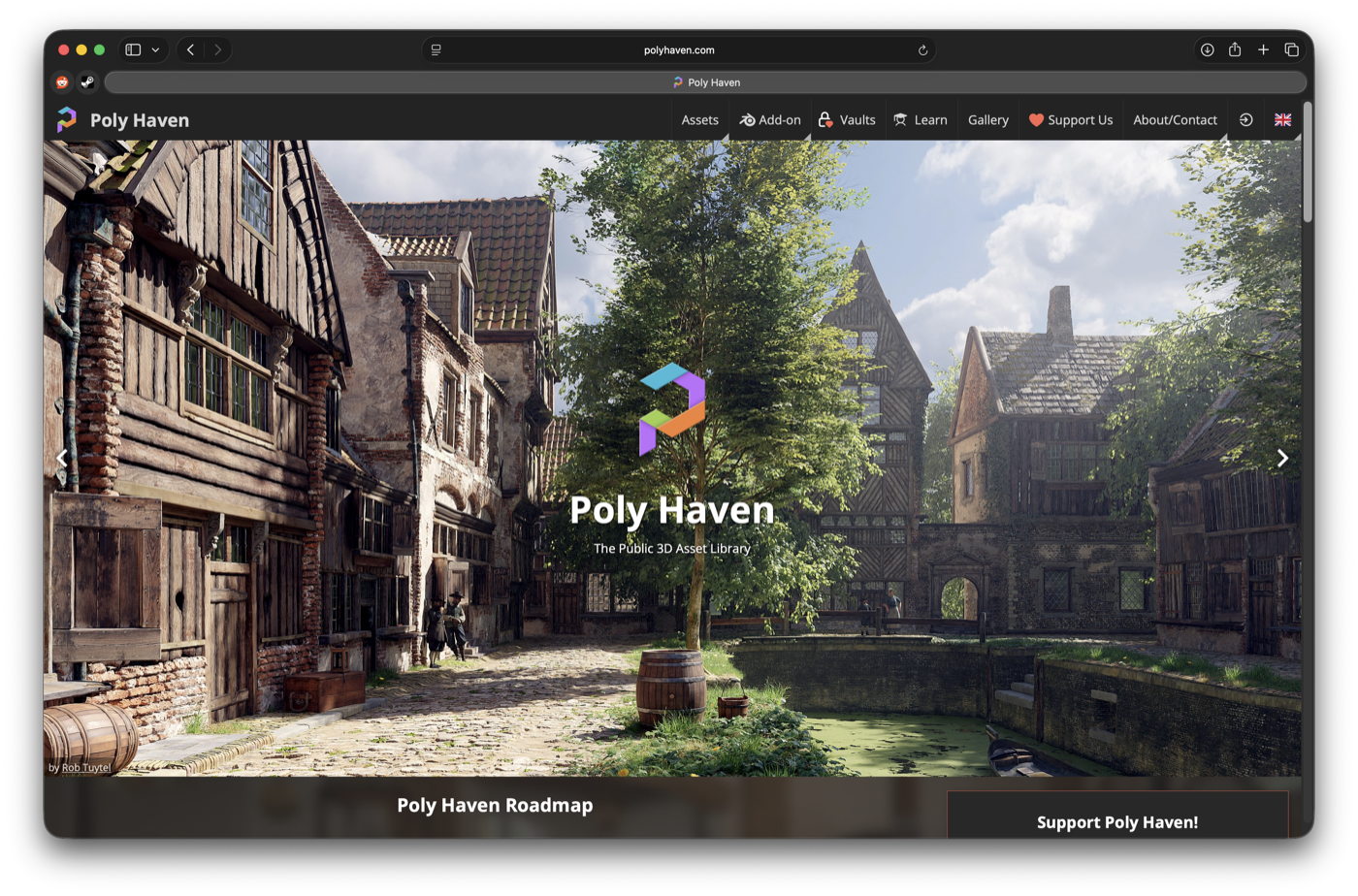 Poly Haven home page featuring a detailed medieval village environment